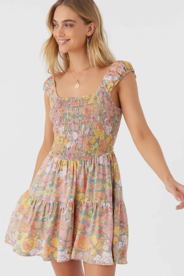 O’Neill Dresses^ADELLE JANIS FLORAL SMOCKED DRESS SILVER BLUE