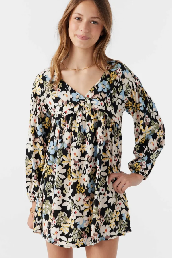 O’Neill Dresses^GIRL'S MARI CAMDEN FORAL LONG SLEEVE DRESS BLACK