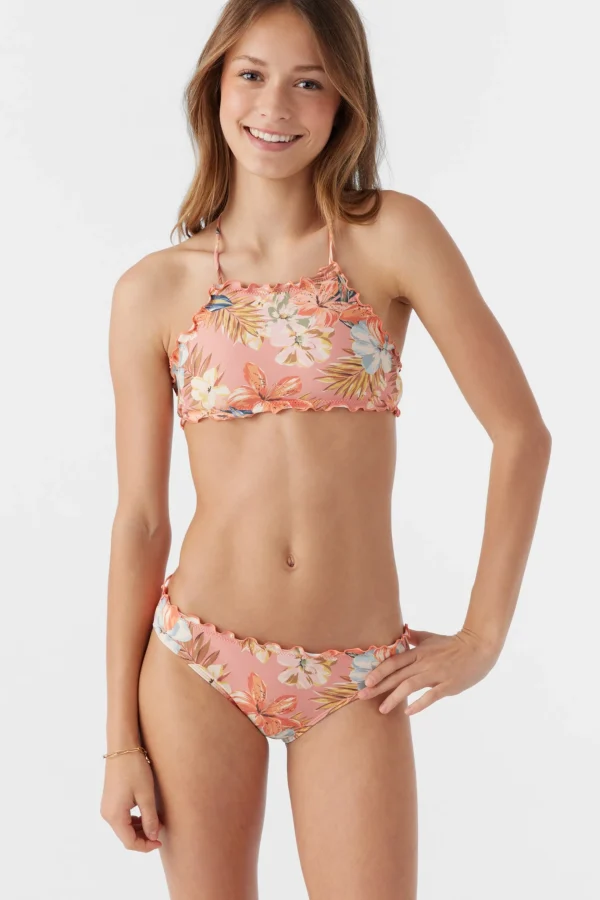 O’Neill Swim Sets | Swim Sets^GIRL'S PUNTA TROPICAL RUFFLE EDGE HIGH NECK TOP SET CANYON CLAY