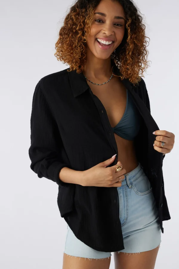 O’Neill Cover-Ups^LENI CRINKLE DOUBLE GAUZE BUTTON DOWN SHIRT BLACK