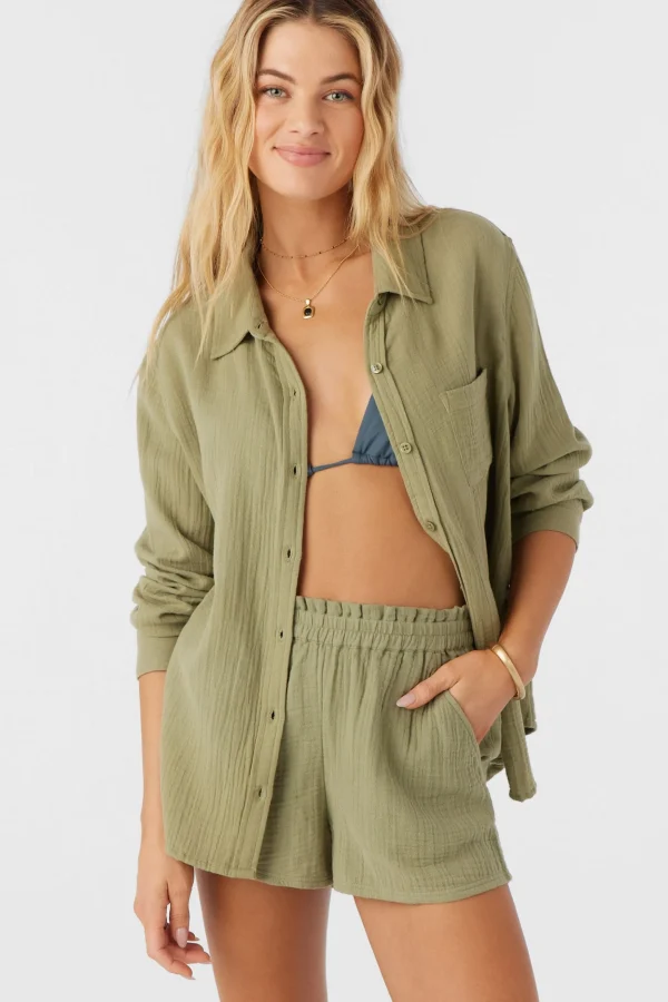 O’Neill Cover-Ups^LENI CRINKLE DOUBLE GAUZE BUTTON DOWN SHIRT OIL GREEN