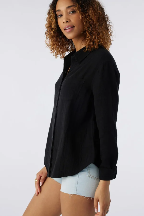 O’Neill Cover-Ups^LENI CRINKLE DOUBLE GAUZE BUTTON DOWN SHIRT BLACK