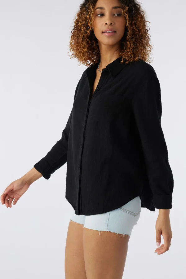 O’Neill Cover-Ups^LENI CRINKLE DOUBLE GAUZE BUTTON DOWN SHIRT BLACK