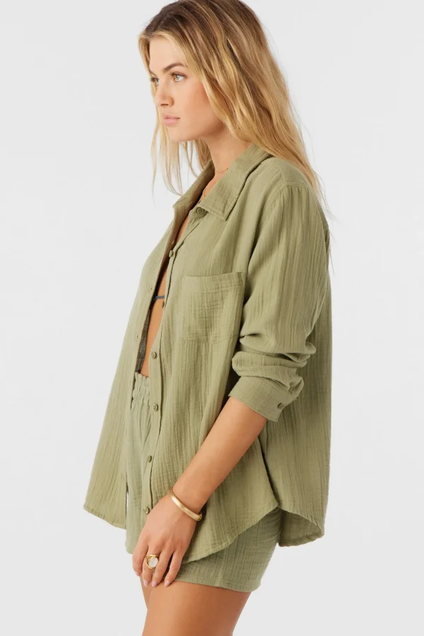 O’Neill Cover-Ups^LENI CRINKLE DOUBLE GAUZE BUTTON DOWN SHIRT OIL GREEN