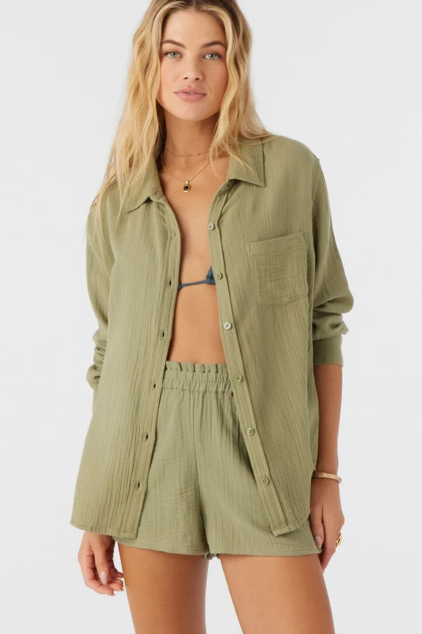 O’Neill Cover-Ups^LENI CRINKLE DOUBLE GAUZE BUTTON DOWN SHIRT OIL GREEN