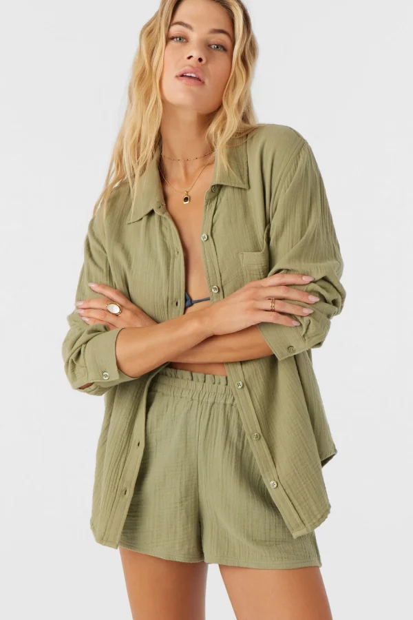 O’Neill Cover-Ups^LENI CRINKLE DOUBLE GAUZE BUTTON DOWN SHIRT OIL GREEN