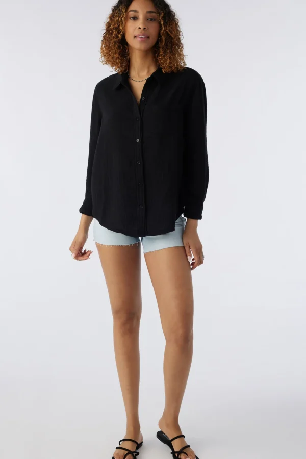 O’Neill Cover-Ups^LENI CRINKLE DOUBLE GAUZE BUTTON DOWN SHIRT BLACK