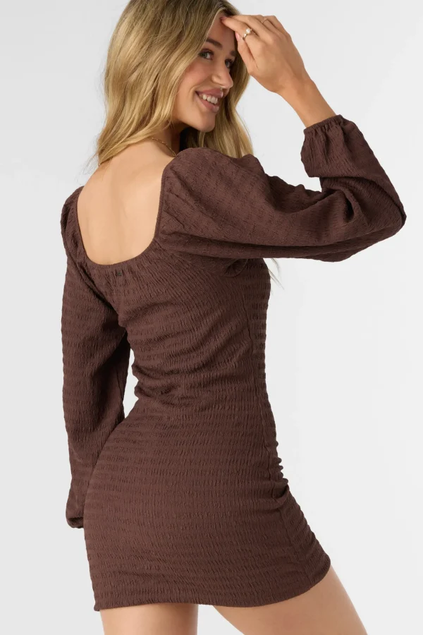 O’Neill Dresses^TEGAN SMOCKED KNIT LONG SLEEVE MINI DRESS CHOCOLATE